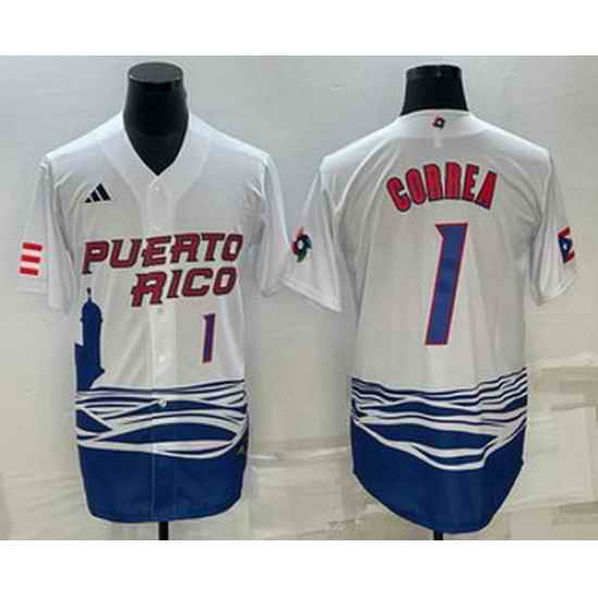 Men's Puerto Rico Baseball #1 Carlos Correa Number White 2023 World Baseball Classic Stitched Jersey
